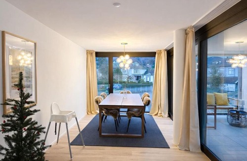 Central Interlaken Apartment | Modern Jungfrau View Apartment with Terrace and AC at Interlaken West Station
